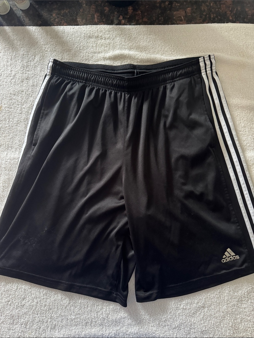 Adidas Black Athletic Shorts with White 3-Stripe Detail Men’s Large Used.
